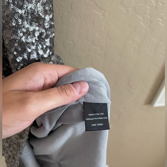 New Dress the Population Ryan Sequin Platinum Gunmetal Mesh Insert Midi Dress M - Picture 6 of 11